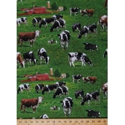 Cotton Cows Holstein Cattle Guernsey Scenic Fields Barns Country Farmhouses Farmers Dairy Farm Animals Green Cotton Fabric Print by the Yard 337-Green