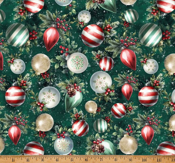 Cotton Cozy Tidings Ornaments Holly Christmas Season Winter Tree Hoffman California Fabrics Cotton Fabric Print by the Yard (X5601-141-PINE)