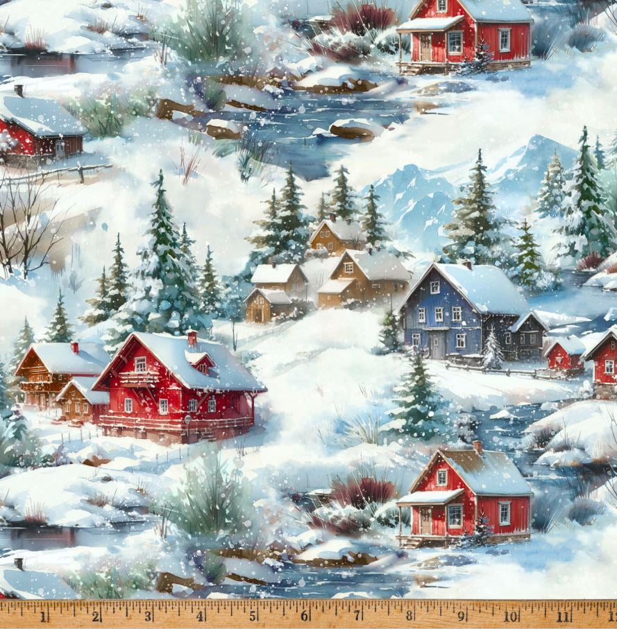 Cotton Cozy Tidings Snow Winter Christmas Pine Trees Houses Hoffman California Fabrics Cotton Fabric Print by the Yard (X5598-307-SNOW)