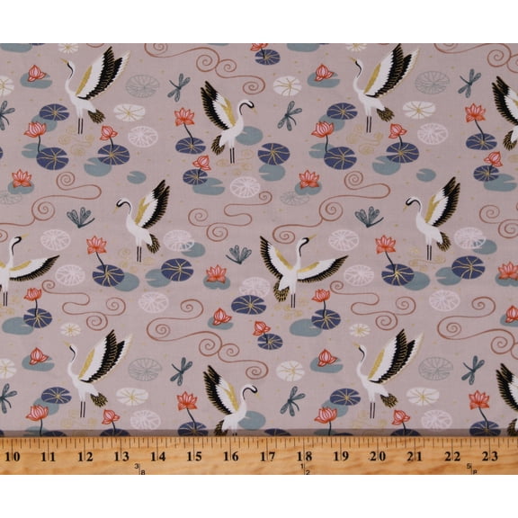 Cotton Cranes Birds Umbrellas Asian Flowers Bugs Gray Cotton Fabric Print by the Yard (A484-1)