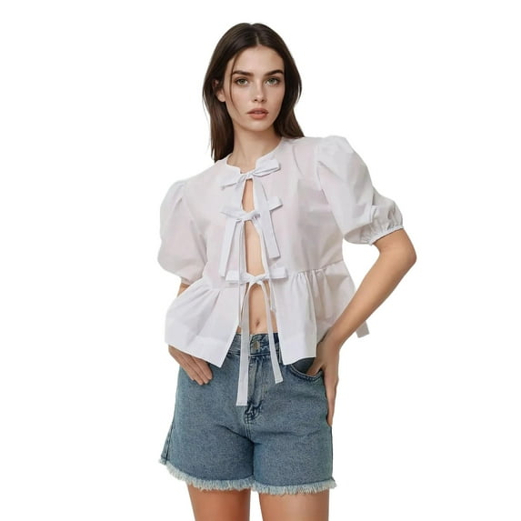 Cotton Crew Neck Blouse with Bow Detail
