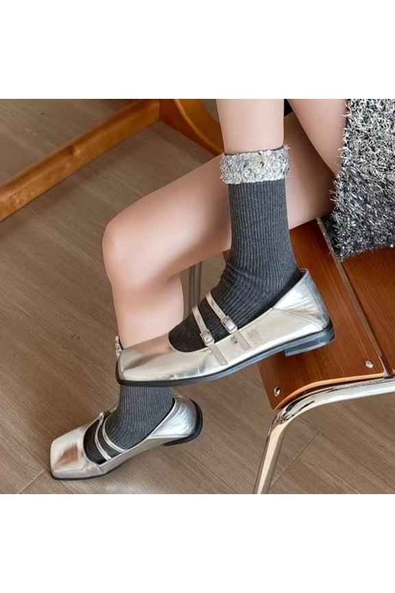Cotton Crew Socks Sequins Trendy Socks For Mary Jane Slide Sandals (Grey One Size)