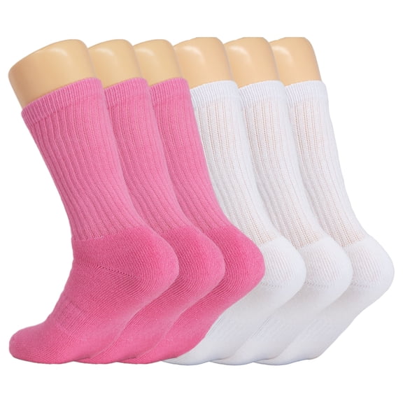 Cotton Crew Socks for Women 6 PAIRS Size 9-11 (Pink 3 PAIRS, White 3 PAIRS)