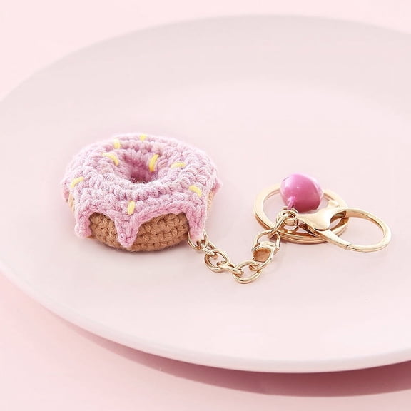 Cotton Crochet Food Keychain with Iron Key Rings & Lobster Claw Clasps & Bell Donut 13x4.8cm