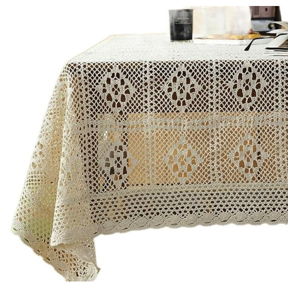 Cotton Crochet Lace Tablecloth Dust-Proof Table Cover for Buffet Table, Holiday Dinner, Party, Banquet, Wedding Decorations (Rectangle/Oblong, 55 x 87Inch,