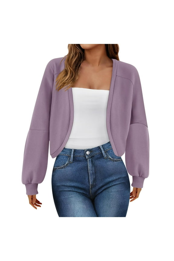Cotton Crop Jacket Womens Fall Trendy Open Front Cardigan Drop Shoulder Long Sleeve Solid Outwear Tops (S, Purple)