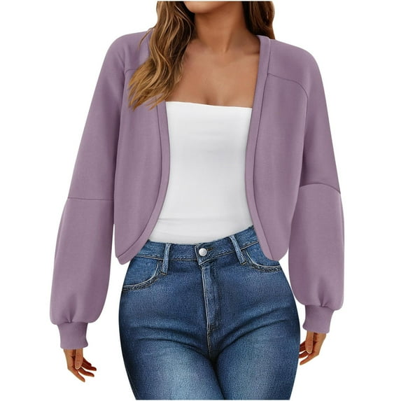 Cotton Crop Jacket for Women Fall Trendy Open Front Cardigan Drop Shoulder Long Sleeve Solid Outerwear Tops (S, Purple)