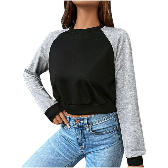 Cotton Crop Sweatshirt Color Block Pullover for Women Teen Girls Crewneck Raglan Long Sleeve Casual Fall Tops (XS, Black)