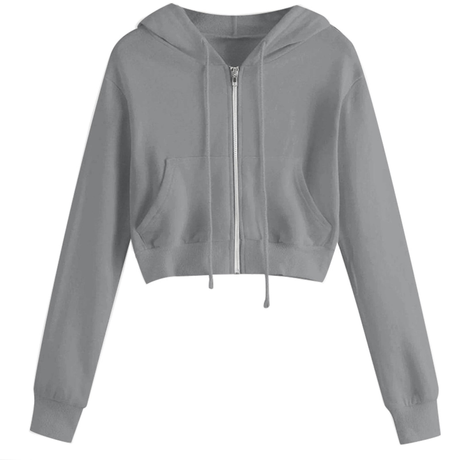 Cotton Crop Sweatshirt Long Sleeve Jackets Fashion Pockets Plain Zip Up  Cropped Hoodie Womens Sports Outwear (Small, Gray) 