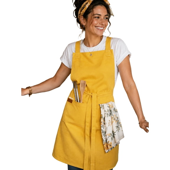 Cotton Crossback Apron with Waterproof Lining, 2 Pockets, Adjustable Water-Resistant Chef Apron