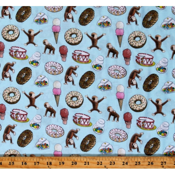 Cotton Curious George Party Toss Monkey Ice Cream Cake Donuts Doughnuts Candy Blue Cotton Fabric Print by the Yard (68351-A620710)