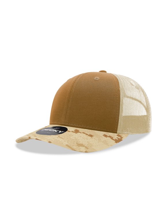 1054 6 Panel Mid Profile Structured Camo Trucker Hat-D.digital/Coyote/Khaki