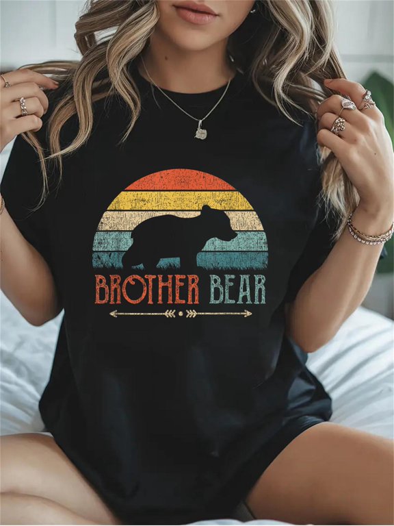 Cotton Cute Brother Bear Vintage Present Retro Little Brother Casual Graphic Daily T-Shirt