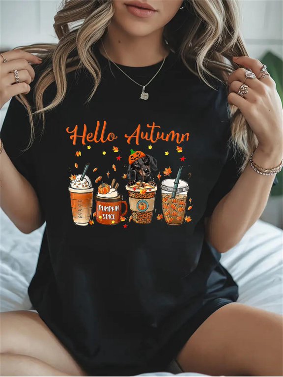 Cotton Cute Dachshund Fall Coffee Pumpkin Hello Autumn Thanksgiving Casual Graphic Tee Lightweight Daily Wear T-Shirt
