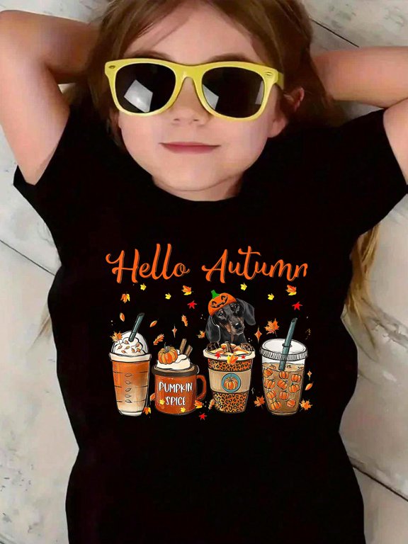 Cotton Cute Dachshund Fall Coffee Pumpkin Hello Autumn Thanksgiving Kids T-Shirt Fun Print T‑Shirt