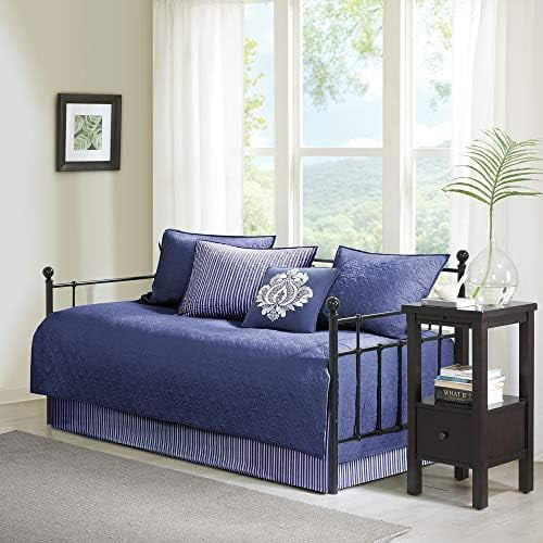 Cotton Daybed Cover Set-Double Sided Quilting Classic Cottage Design All Season Bedding with Bedskirt, Matching Shams, Decorative Pillow, 39"x75", Quebec Navy 6 Piece