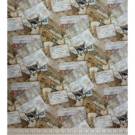 Cotton Dear Friends Letters Notes Post Address Postcards Stamps Paintbrush Studio Cotton Fabric Print by the Yard (120-15061)