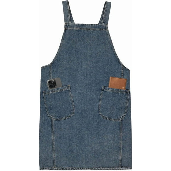 Cotton Denim Apron With 2 Pockets, Cross Back Aprons for Women Men, Bib Jean Kitchen Apron for Arts Cafe Work