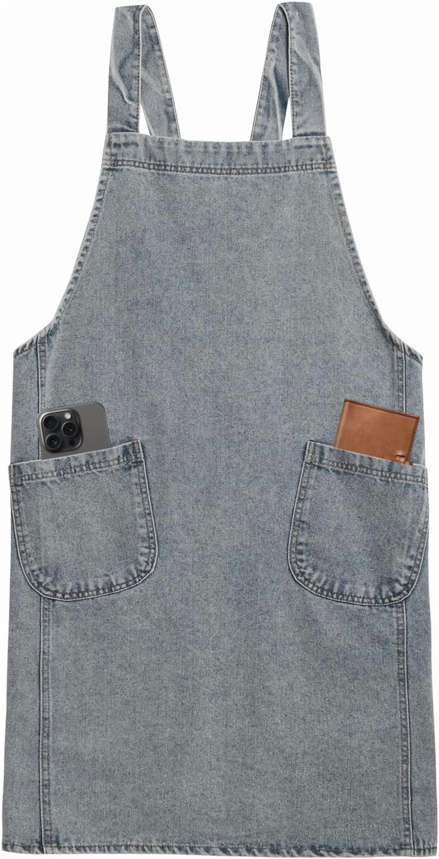 Cotton Denim Apron With 2 Pockets, Cross Back Aprons for Women Men, Bib Jean Kitchen Apron for Arts Cafe Work
