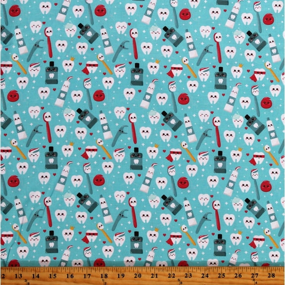 Cotton Dental Happy Teeth Aqua Toothpastes Toothbrushes Dental Floss Mouthwash Superheroes Superhero Crown Tooth Teeth Molars Stars Hearts Aqua Cotton Fabric Print by the Yard (130672)