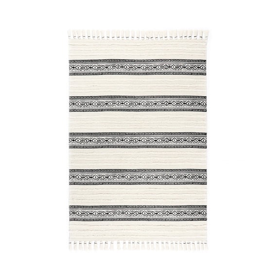 Cotton Diamond Stripes Stone Washed Shag Printed Rug Black, Shasta