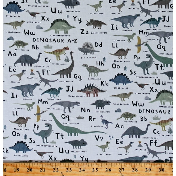 Cotton Dinosaurs ABC's Alphabet Kids Children's Animals Reptiles D Is For Dinosaur White Cotton Fabric Print by the Yard (STELLA-DLT2345-WHITE)