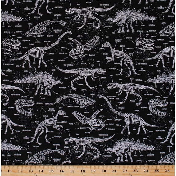 Cotton Dinosaurs Dino Skeletons Skulls Bones Bone Names T-Rex Triceratops Stegosaurus Paleontology Fossils Glow-in-the-Dark Kids Cotton Fabric Print by the Yard (DINO-CG5797-BLACK)