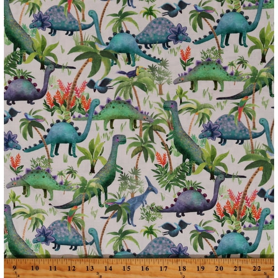 Cotton Dinosaurs Dinos Extinct Animals Birds Plants Landscapes Kids Cream Cotton Fabric Print by the Yard (DINO-CD2426-CREAM)