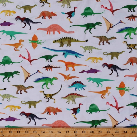 Cotton Dinosaurs Dinos T-rexs Animals Ancient Fossils Alphabetosaurus Extinct White Cotton Fabric Print by the Yard (SRK-20737-205-MULTI)