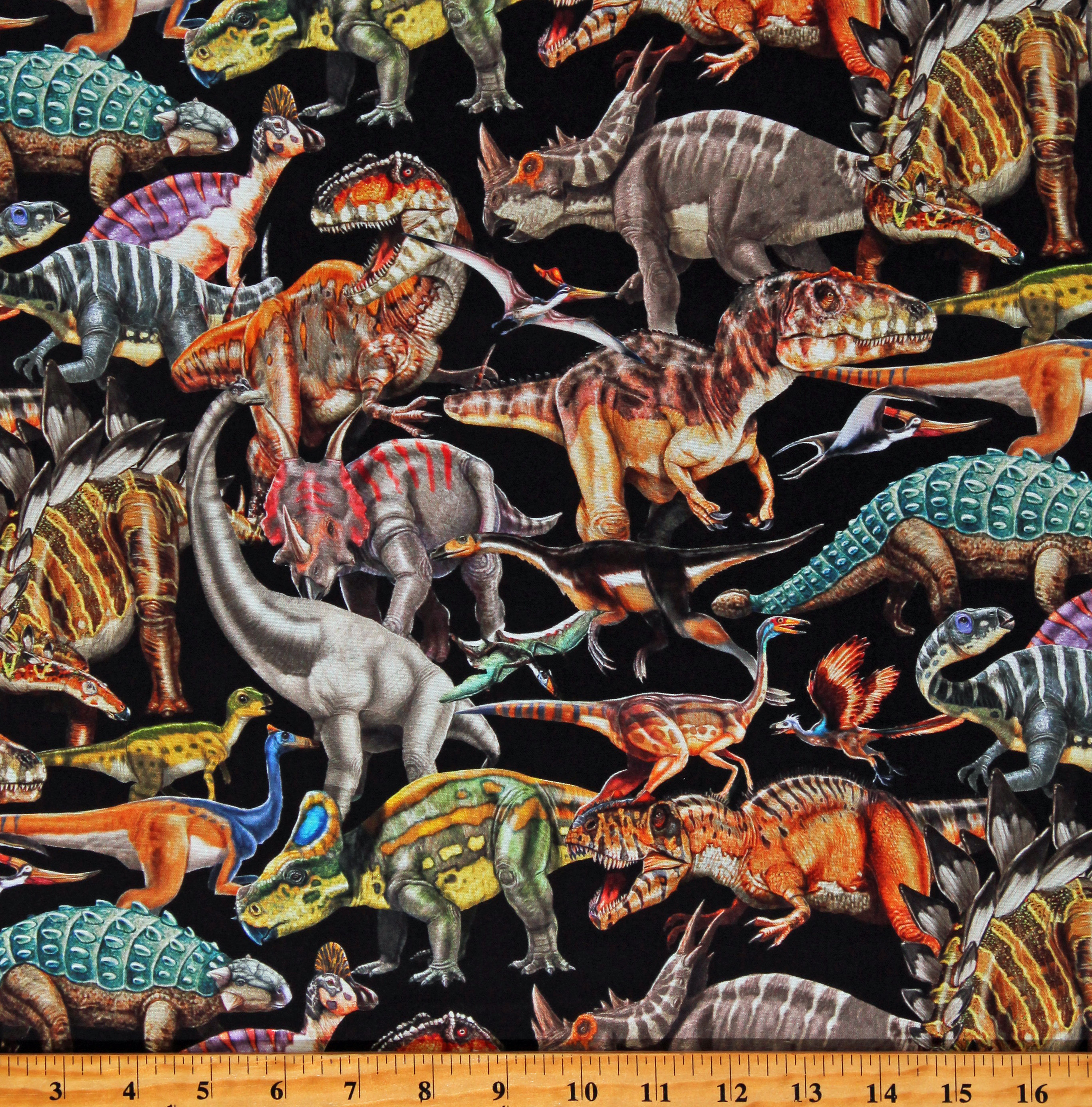Cotton Dinosaurs Jurassic Prehistoric Animals Land of Giants Kids Black ...