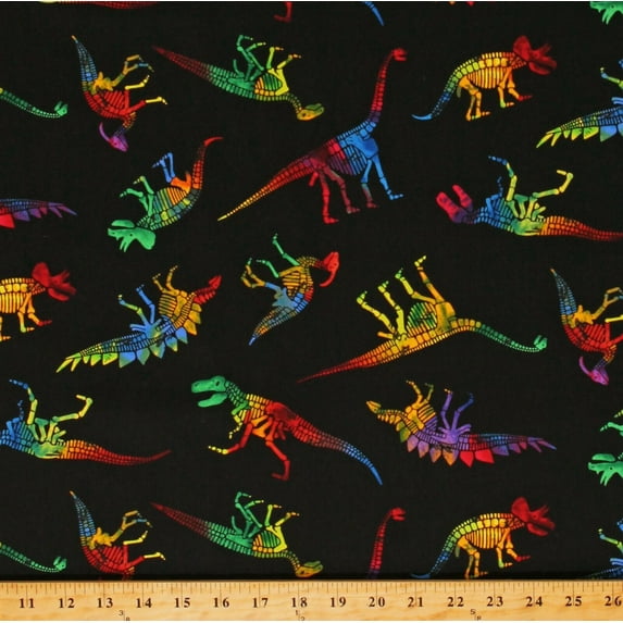 Cotton Dinosaurs Rainbows Skeletons Bones Science Paleontology Cotton Fabric Print by the Yard (C8329)