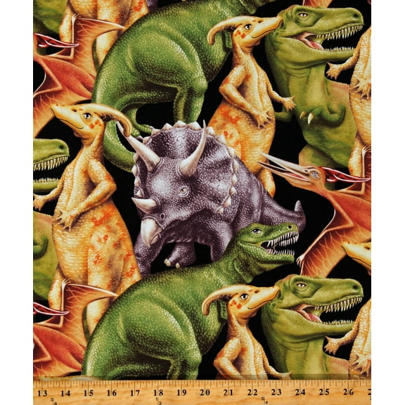 Cotton Dinosaurs T-Rex Triceratops Pterodactyls Parasaurolophus Prehistoric Jurassic Animals Reptiles March of the Dinosaurs Black Cotton Fabric Print by the Yard (6076-99)
