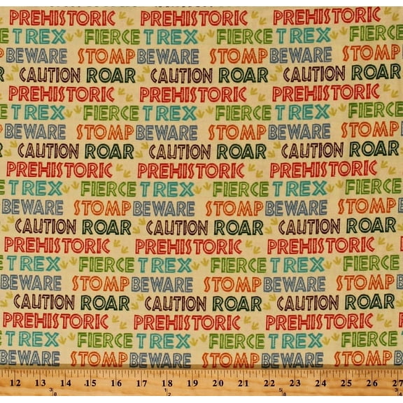 Cotton Dinosaurs Words T-Rex Roar Beware Jurassic Footprints Dino-Might Kids Children's Yellow Cotton Fabric Print by the Yard (4674-26428)