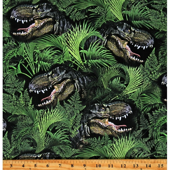 Cotton Dinosaurs in the Forest Dinos Animals Prehistoric Age Green Cotton Fabric Print by the Yard (DINO-CD1808-GREEN)
