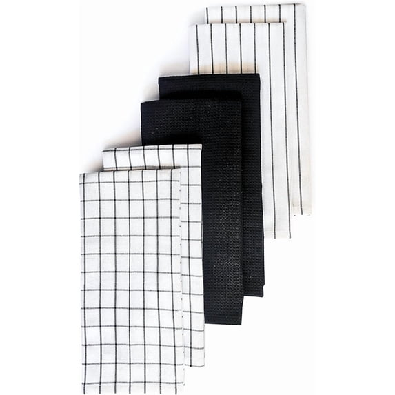 Cotton Dish Towels For Kitchen Drying - Highly Absorbent Wide Black Striped Plaid Tea Towels - 18"X28" Set Of 6 Farmhouse Linen Dishtowels In Bulk - Pano De Prato Para Cozinha - T Towles Towls