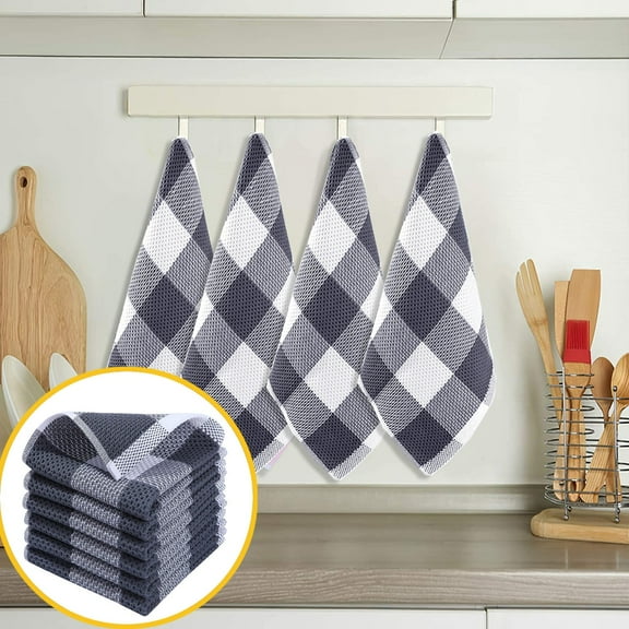 Cotton Dish Towels Set of 6 | Absorbent & Non-Fading Kitchen Towels | 13x13 Inches | Black, Gray, Red, Blue | Lattice Pattern for Wiping & Cleaning