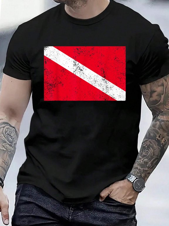 Cotton Diver Down Flag Scuba Diver Love Ocean Scuba Diving T-Shirt Men's Casual Short Sleeve Graphic Tee