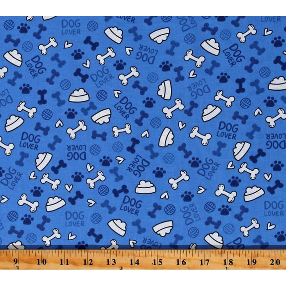 Cotton Dog Bones Food Bowls Dishes Pawprints Dogs Pets Animals Dog Lover Blue Spotty Cotton Fabric Print by the Yard (108467)