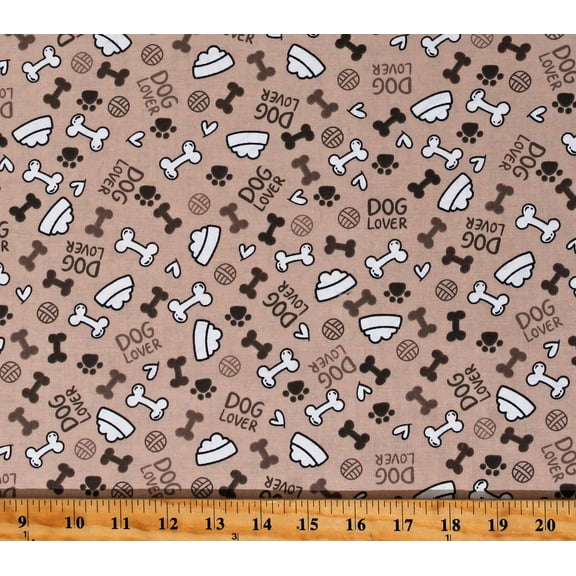 Cotton Dog Bones Food Bowls Dishes Pawprints Dogs Pets Animals Dog Lover Tan Brown Spotty Cotton Fabric Print by the Yard (108469)