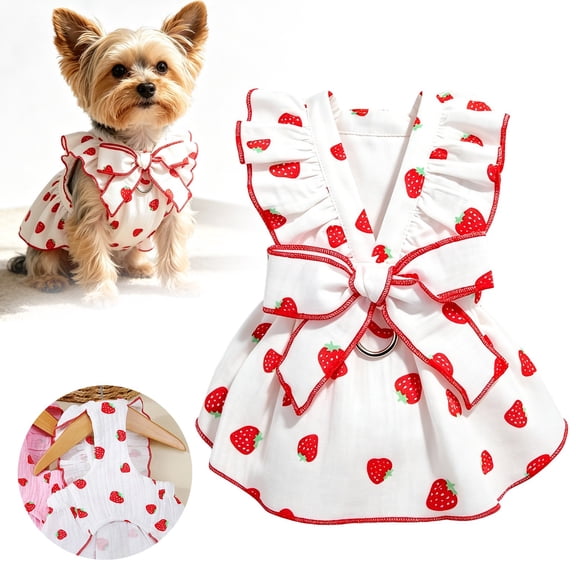 Cotton Dog Dresses for Small Girl Dogs, Cute Strawberry Printed Cat Dress with Bow Decor, Summer Puppy Birthday Outfit, Pet Clothes for Extra Small Breed, White XL