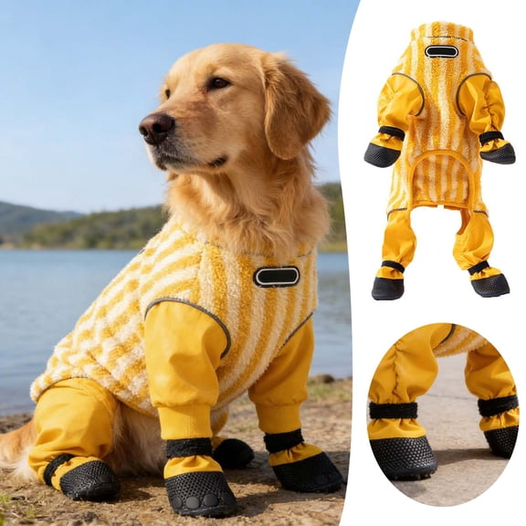 Cotton Dog Winter Coat with Boots – Quilted Insulated Full-Body Snowsuit, Waterproof Reflective Gear for Small Medium Dogs, Yellow S-XL Sizes
