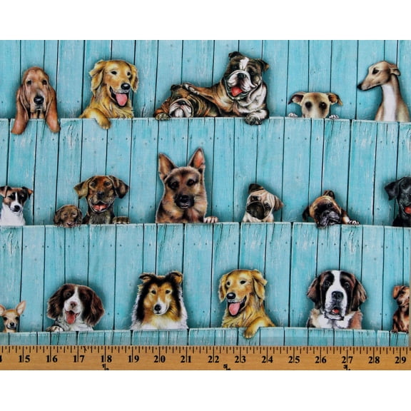 Cotton Dogs Puppies Puppy Fence Animals Pets Whiskers & Tails Digital Print Turquoise Cotton Fabric Print by the Yard (ABSD-19023-287SWEET)