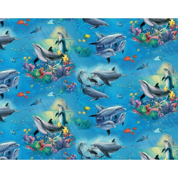 Cotton Dolphin Falls Ocean Animals Aquatic Underwater Coral Fish Marine Life Elizabeth Studios Blue Cotton Fabric Print by the Yard (1613BLUE)