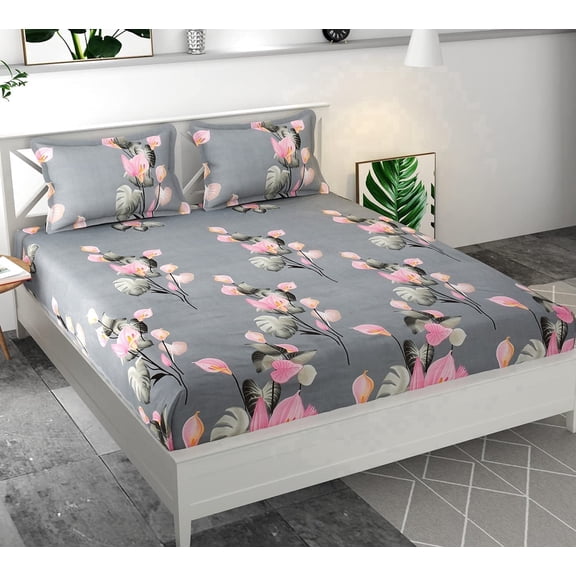 Cotton Double Bed Sheet Set with 2 Pillow Covers 100% Pure Cotton Soft & Breathable Fade Resistant Lightweight Geometric Pattern Double Bed Bedding Set (Style-1)