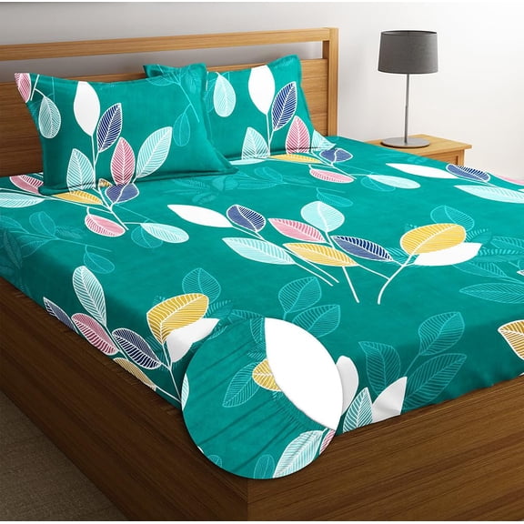 Cotton Double Bedsheet King Size With 2 Pillow Cover - 78 X 72 Inches White & Green | Super Soft Premium Brushed Glace Cotton Bedsheet, Breathable & Wrinkle Free