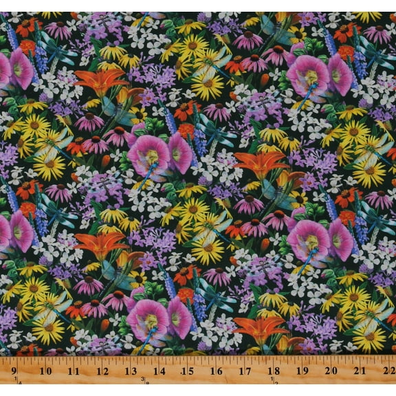 Cotton Dragonflies Flowers Floral Garden Springtime Dragonfly Magic Multicolor Cotton Fabric Print by the Yard (25003MULTI)