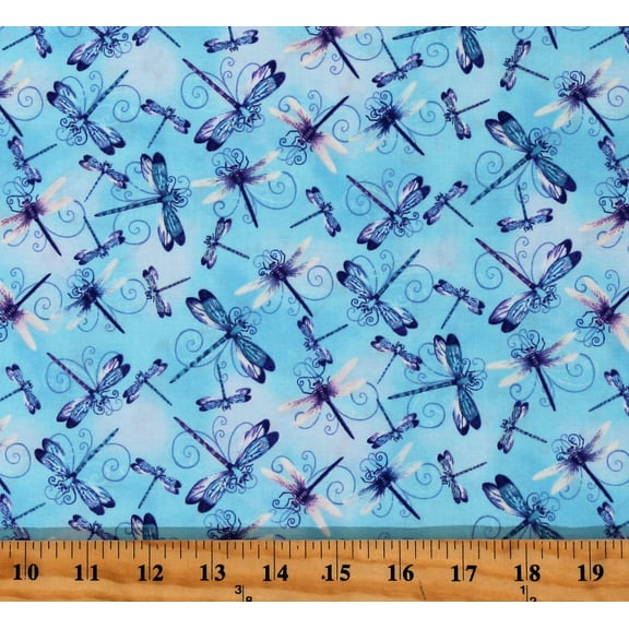 Cotton Dragonflies Insects Bugs Swirls Dragonfly Lagoon Blue Cotton Fabric Print by the Yard (2801-17)
