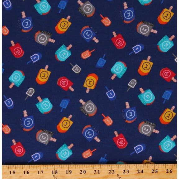 Cotton Dreidels Happy Hanukkah Holiday Games Festival of Lights Chanukkah Royal Blue Cotton Fabric Print by the Yard (09949-55)