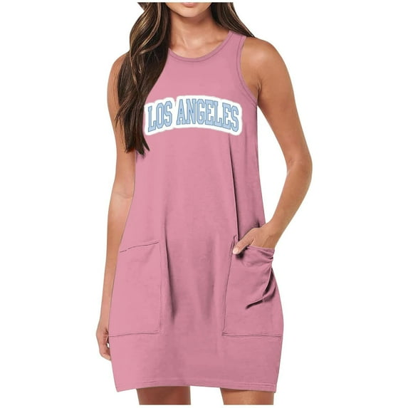 Cotton Dress Womens Sleeveless Floral Print Crewneck Racerback Tank Top Mini Dresses with Pockets Casual Summer (XXL, Pink Los)