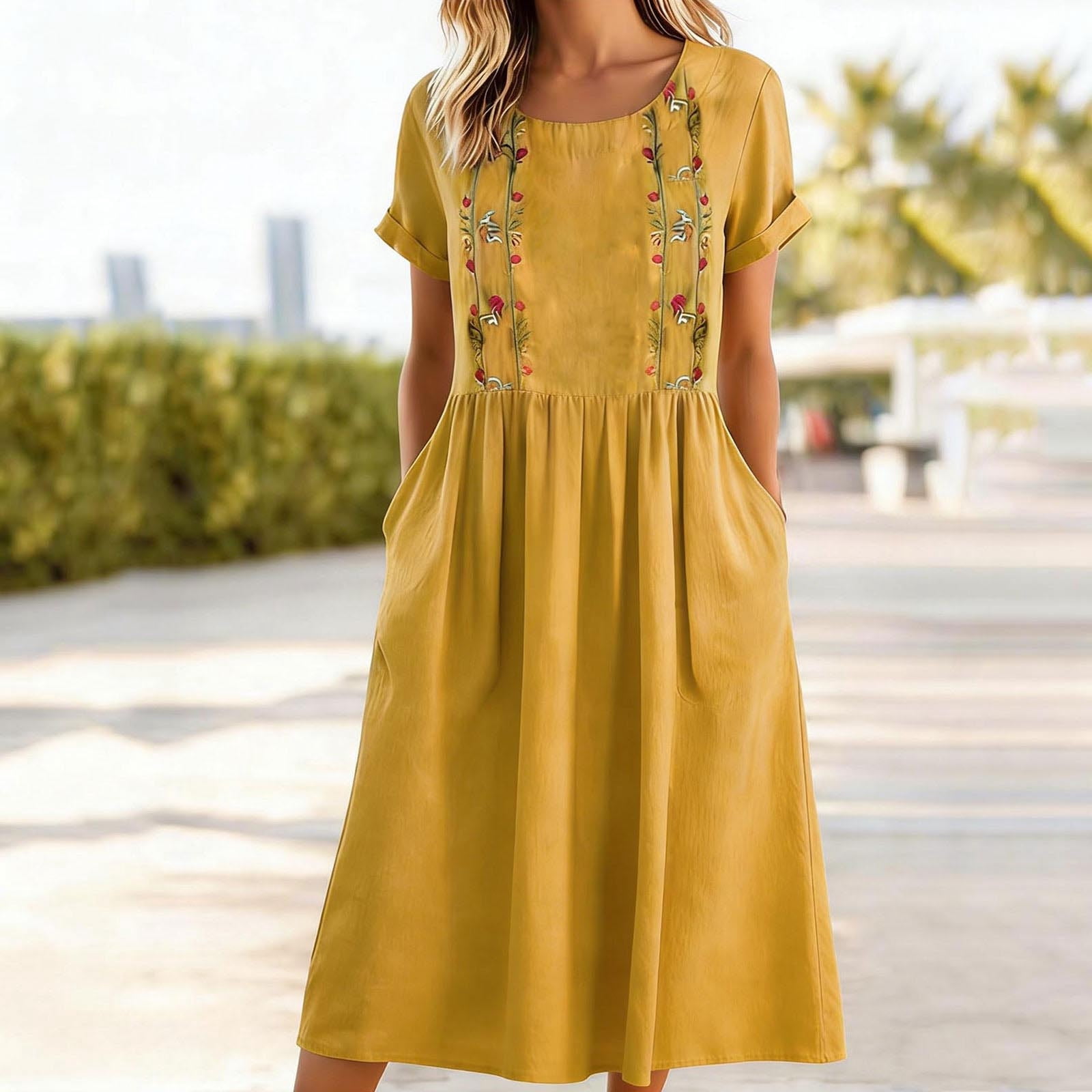 Cotton Dress for Women Embroidered Printed Crew Neck Short Sleeve Maxi ...